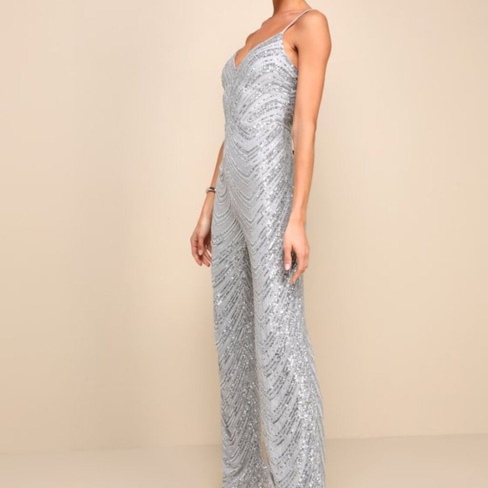 Lulus Outstanding Glow Silver Sequin Sleeveless Straight Leg Jumpsuit - Size XS